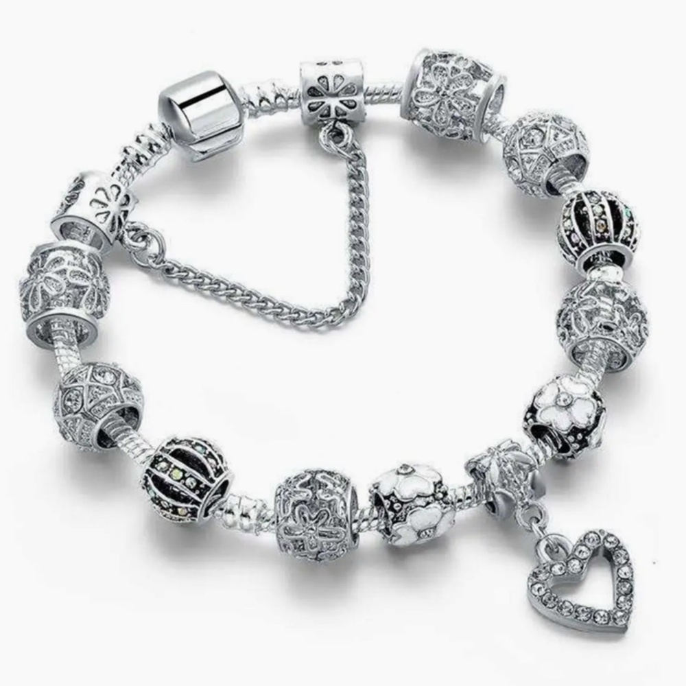Amy and Annette Murano Heart Charm SS Plated Bracelet w/Glass Crystals Beads 7.5
